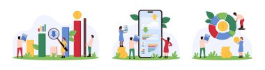 İş veri analizi, başarı yatırım deneyimi değerlendirme seti. Küçük insanlar pasta grafiğini araştırır, cetvelle grafik ilerlemesini ölçer, mobil uygulama vektör illüstrasyonundaki bilgiyi değerlendirir