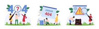 Hata 404, sayfa bulunamadı. Küçük insanlar, kayıp ağ bağlantısını, kırık kabloları, araştırma uyarı metnini ve ünlem işaretini büyüteç çizgi film çizimi ile onarırlar.