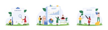 Muhasebe, muhasebeciler değerlendirme seti. Minik insanlar mali faturaları araştırıyor, pano üzerinde kontrat yapıyor ve hesap makinesi ve büyütme cam karikatür çizimi ile raporlama belgesi hazırlıyorlar.