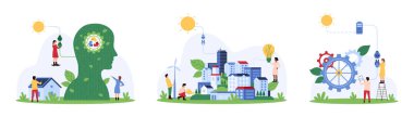 Şehir için yeşil enerji, sürdürülebilirlik için çevre dostu fikirler, yapay zeka kullanan akıllı ev projeleri. Küçük insanlar güneş panelleri ve kasaba evleri, teçhizat ve insan kafası çizim çizimleri bağlar.
