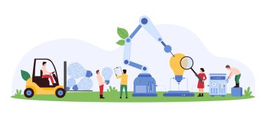 Robot kollar, ampuller ve dijital araçlar kullanarak, takım çalışmasını ve yaratıcılığı vurgulayarak yenilikçi fikirler geliştirmek için işbirliği yapan küçük insanların vektör ilülasyonu.