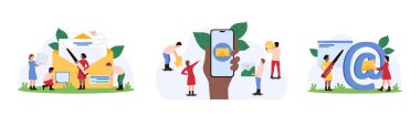 Ana set olarak e- posta yazma. Büyük kalemli küçük insanlar iletişim listesi adresine e-posta göndermek için mektup yazarlar, dev el ele tutuşan akıllı telefon ekran karikatür vektör ilülasyonunda SMS uyarısı ile