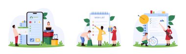 Görev ve gol planlayıcısı, istek listesi ayarlandı. Günlük ve mobil uygulamalarda çözünürlük sağlayan küçük insanlar, kalem, hediye kutusu ve takvim tutarak dilek listesi vektör illüstrasyonundaki favori alışverişleri planlamak için