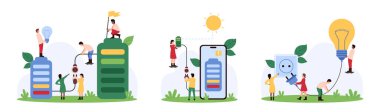 Çevre dostu elektrik üretimi, elektrik pili istasyonu ayarlandı. Fişte ampul tutan küçük insanlar, yeniden şarj edilebilir pili karikatür vektör ilülasyonunu şarj etmek için güneş enerjisine bağlıyorlar.