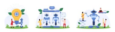 Yapay zeka hizmetinin geliştirilmesi, makine öğrenimi, teknoloji fikri araştırma seti. Küçük insanlar robot, robot ve kullanıcı ampulü bir arada tutuyor, bilim adamları sohbet robotu çizimi çizimi çiziyorlar.