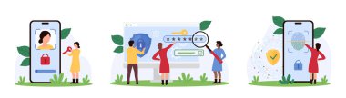 Cihaza güvenli erişim, mobil uygulama veya hesap, biyometrik tanımlama seti. Güvenlik kalkanına ve kalkanına kilitlenmiş küçük insanlar gizliliği korur, ekrandaki çevrimiçi bilgiler vektör illüstrasyonunda