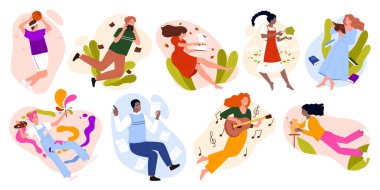 Uçan insanların olduğu sanat hobisi sahneleri. Aktif genç sanatçılar resim yapıyor ve kitap okuyor, farklı yaratıcılar bahçıvanlık yapıyor ve basketbol oynuyor, yemek pişiriyor ve karikatür çiziyor.