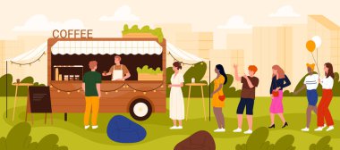 Şehir parkındaki açık hava kahve kamyonu kuyruğunda bekleyen müşteriler, sokak yemekleri, kentsel yaşam tarzı ve sosyal toplanma vektör illüstrasyonları hakkındaki kavramlar için mükemmel.