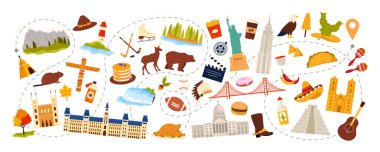 Kuzey Amerika 'ya seyahat, kültür unsurları seti, yiyecek ve simgeler, kıta boyunca turist turu için doğa objeleri. Kanada Parlamentosu ve Meclis Binası, dağlardaki vektör çizimleri