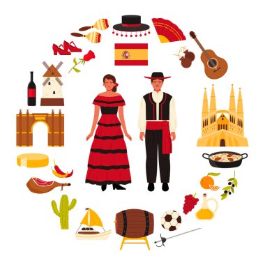 İspanya 'ya seyahat, İspanyol kültürü ve simgeleri, yuvarlak bilgi turizmi posterindeki yiyecekler. Flamenko dansçısı kız ve erkek boğa güreşçisi, bayrak ve koridor amblemleri, Jamon karikatür vektör çizimi