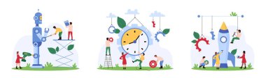 Teknolojik çözümlerin geliştirilmesi ve optimizasyonu ayarlandı. Başarı fırlatma ve robotu için teknik destek servislerinin küçük insanları, saat karikatür vektör illüstrasyonunun yavaş okunu çekin