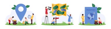 Dünyayı dolaşmak, navigasyon ve keşif, haritalama seti. Dürbünlü ve pusulası olan küçük insanlar kağıt haritasında arama yönünü ve konumunu belirler, pasaport karikatürü vektör resimlemesini hazırlayın.