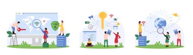 VPN servis güvenliği, özel koruma seti. Küçücük insanlar dijital projelere, hesaplara ve alışverişe erişimi, büyüteç karikatür çizimi ile IP adreslerinin araştırma ağını koruyorlar