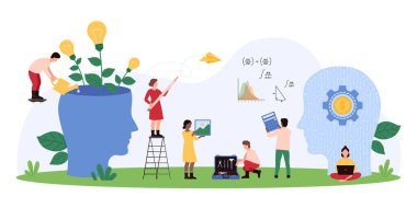 Yaratıcı düşünme, yapay zeka destekli yeni fikirler, yapay zeka. Küçük insanlar insan kafasının içinde ampul bitkileri yetiştiriyor. Sanal yardımcı çizgi film vektör çizimleri sayesinde.