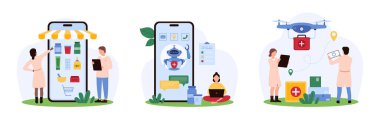 Tıbbi servis seti, internetten sipariş ve eczaneyle teslimat, teletıp. Küçük insanlar hastane randevuları için robotla konuşur, hapları seçer, ilaç dağıtan İHA 'lar, karikatür vektör çizimleri...