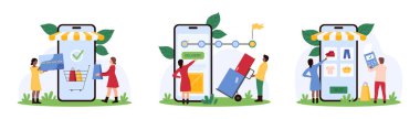 Mobil uygulama setiyle online alışveriş için ödeme ve teslimat takibi. Küçük müşteriler akıllı telefon ekranında sıralama durumunu, kredi kartını, POS terminalini ve karikatür vektör ilülasyonunu kontrol ederler