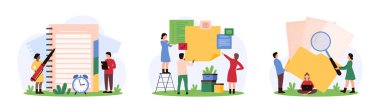 Stratejik iş planı araştırma seti. Küçücük insanlar klasörde büyüteçle, elinde kalemle deftere yazılacak belgeleri incelerler ve karton sunum vektör illüstrasyonu için kağıt notlar tutarlar.