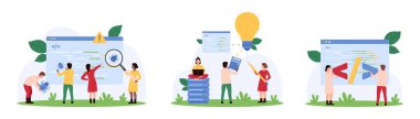 Yazılım kodu geliştirme, test seti. Küçük insanlar senaryoda büyüteçle program hataları ararlar, geliştiriciler yeni dijital projeler geliştirmek için ampul tutarlar.