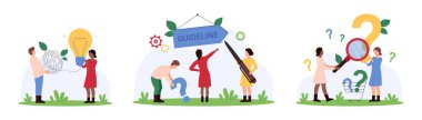 SSS, seçim ve çözüm araştırma seti. Küçücük insanlar soru işaretini büyüteçle araştırır, arama yapar ve kılavuzda bilgi bulur, ampul ve düğüm vektör illüstrasyonuna bağlanır.