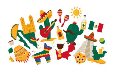 Meksika 'nın kültür unsurları, bilgi kolajı. Meksika festivali ve seyahat sembolleri, geleneksel yemek ve tekila, kaktüs ve antik Aztek piramidi, fiesta çizgi film çizimleri için sıcak güneş