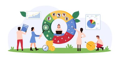 Çizelge ve grafikler kullanarak izleyicileri analiz eden ve segmente eden, pazarlama stratejileri, veri analizleri ve müşteri sezgilerine odaklanan küçük insanların vektör ilülasyonu.
