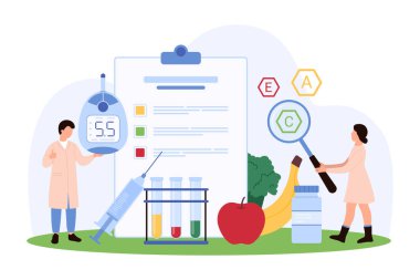 Diyabeti diyet ve ilaç yoluyla yöneten, sağlıklı beslenme, beslenme ve diyabete tıbbi destek odaklı küçük insanların vektör çizimi.