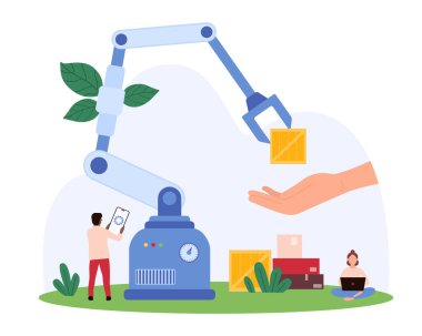 Depo otomasyonu için robotları kullanan, verimlilik, lojistik ve endüstriyel operasyonlarda teknolojik gelişime odaklanan küçük insanların vektör çizimi.