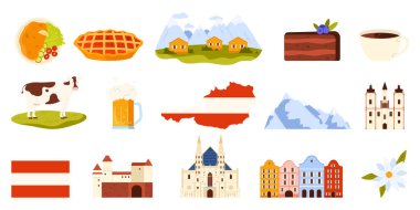 Avusturya 'nın kültür unsurları, yiyecek ve simgeleri belirlendi. Avusturya bayrağı ve şatosu, dağ manzarası ve inek, kahve ve Sacher keki dilimi, geleneksel ev çizimleri vektör çizimleri