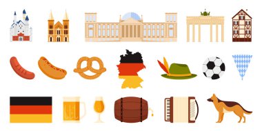 Almanya 'ya seyahat seti, Alman kültür unsurları ve yiyecek, harita ve mimari simgeleri. Bavyera birası ve simit, Neuschwanstein Kalesi ve Reichstag Çizgi film çizimi