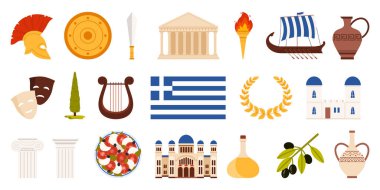 Yunanistan 'a hoş geldiniz, kültür ve tarih unsurları belirlendi. Santorini ve Pantheon tapınağının eski binaları, arp ve meşale, antik Yunanlıların gemisi, savaşçı kalkanı ve kılıç karikatür vektör çizimi