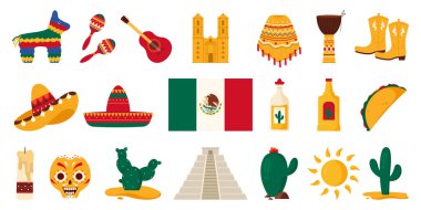 Meksika 'ya seyahat, miras işaretleri ve karnaval kültür unsurları, yiyecek ve içecek seti. Gitar ve marakas, Latin müzik partisi için pinata, Aztek piramidi ve kaktüs çizgi film vektör çizimi