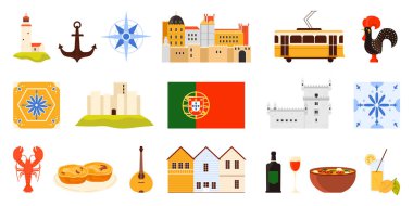 Portekiz 'in kültürel öğeleri ve mimari simgesi. Portekiz yemek ve şarabı, Belem Kulesi ve Lizbon tramvayı, ünlü seramik fayans ve horoz, deniz feneri ve çapa vektör çizimi