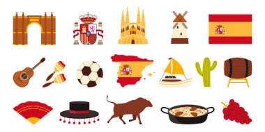 İspanya 'ya seyahat, kültür ve miras işaretleri belirlendi. İspanyol bayrağı ve haritası, matador şapkası ve boğası, Sagrada Familia ve yel değirmeni, geleneksel müzik aletleri karikatür vektör çizimi