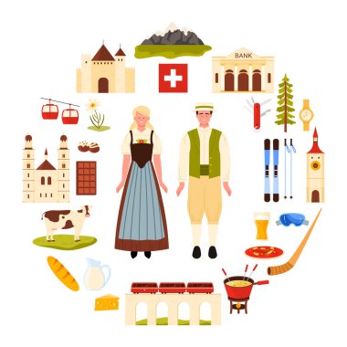 İsviçre kültür unsurları, geleneksel giysili İsviçreli insanlar, şehir simgesi ve yemek yuvarlak bilgi pankartıyla. Çapraz, mimari ve Alp manzaralı ulusal bayrak vektör çizimi