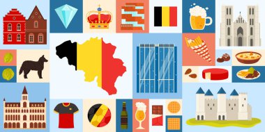 Belçika 'ya seyahat, geometrik bilgi pankartı tasarımı, Belçika kültürü, simgeler ve yiyecek. Ülke bayraklı harita, geleneksel evler ve katedral, elmas ve waffle karikatür vektör çizimi