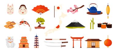 Japonya 'ya seyahat, Japon kültür tasarım elementleri, yiyecek ve simge seti. Maneki neko ve geleneksel tapınak binaları, bonsai ağacı ve sakura çiçeği, daruma ve fener vektör çizimi
