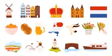 Hollanda 'ya seyahat, Hollanda kültürü ve tarihi, yiyecek ve bira ile belirlenmiştir. Hollanda ve Amsterdam sembolleri, rüzgar değirmeni ve laleler, bisiklet ve bira, kanal karikatür vektör çizimi teknesi