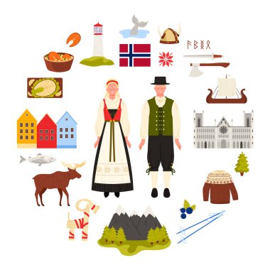 Norveç kültür unsurları ve doğa manzarası, turistik yerler ve yiyecekler, geleneksel giyinmiş Norveçli çift yuvarlak bilgi afişi. Turizm karikatür vektör illüstrasyonu için Kuzey işaretleri