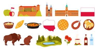 Polonya bilgi kümesindeki kültür ve unsurlarını seyahat eder. Polonya bayrağı ve haritası, Polonya mutfağı ve hayvanlarla dolu doğa manzarası, votka şişesi ve hamur köftesi çizimi.