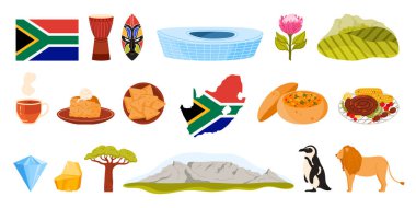 Kültür unsurları, dağ manzarası, üzüm bağları, rooibos çayı ve yiyeceklerle Güney Afrika 'ya seyahat edin. BBQ sosisleri ve baobab, yahni ve samosa, RSA karikatür çizimi çizimi ve haritası