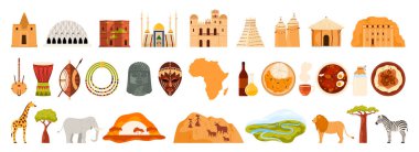 Afrika 'ya seyahat, Afrika kültür tasarım elementleri, mutfak ve simgeler, doğa seti. Masai kolyesi ve djembe, cami ve barakalar, kalkan ve mızrak, Benin Bronz baş çizgi film çizimi