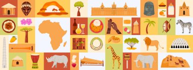 Afrika 'nın zengin kültürünü, vahşi yaşamını ve simgelerini gösteren canlı bir kolaj. Afrika haritası, geleneksel maskeler, vahşi yaşam, mutfak ve ikonik manzaralar, vektör illüstrasyonu.