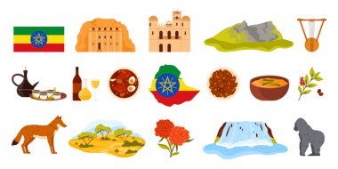 Etiyopya seti, turistik yerler ve Etiyopya kültür unsurları, Afrika ülkesi gıdaları. Lalibela 'daki Aziz George Kilisesi, Fasil Ghebbi kale karikatür vektör çizimi