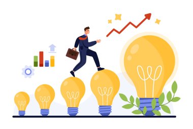 Kendini işine adamış bir işadamı parlayan, ampul şeklindeki basamakları tırmanır, her biri kariyer vektör ilüstrasyonunda başarıya götüren ilerlemeyi ve yeniliği simgeler.