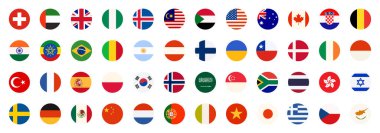 Dünya bayrağı, yuvarlak yuvarlak, Avrupa ve Afrika, Amerika ve Asya 'nın farklı ulusal bayrak rozetleriyle küresel koleksiyon düğmeleri. Birleşik Arap Emirlikleri ve Nijerya, Belçika karikatür vektör illüstrasyonu