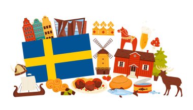 Kültürel ikonlar, geleneksel yemekler, simgeler ve tarihi sembollerle çevrili İsveç bayrağının yer aldığı renkli bir kompozisyon. İsveç mirasının, vektör illüstrasyonunun özünü vurgular.