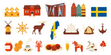İsveç 'e seyahat, kültür ve hayvan unsurları, eski ve modern simgeler. İsveç bayrağı, taç ve haritası, binalar ve geleneksel yiyecekler, Viking çizgi film çizim çizimi miğferi ve gemisi