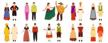 Çeşitli ülke ve kültürleri temsil eden geleneksel kültür giysileri içinde çeşitli insanlar. Şenlikli giysiler ve canlı renkler küresel mirasın ve geleneklerin güzelliğini gözler önüne seriyor.