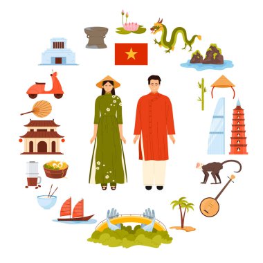 Vietnam kültürü unsurları ve simgeleri, Vietnamlılar ve yuvarlak bilgi afişlerinde bayrak. Geleneksel yiyecek ve tekne, taşlı manzara, daire şeklindeki çizim vektör çiziminde Altın Köprü.
