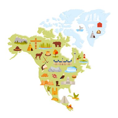 Kuzey Amerika 'nın canlı ve detaylı resimli haritasında, şehir simgeleri, vahşi yaşam ve geleneksel semboller de dahil olmak üzere çeşitli kültürel ve doğal simgeler gösteriliyor. Eğitici ve dekoratif amaçlar için mükemmel.